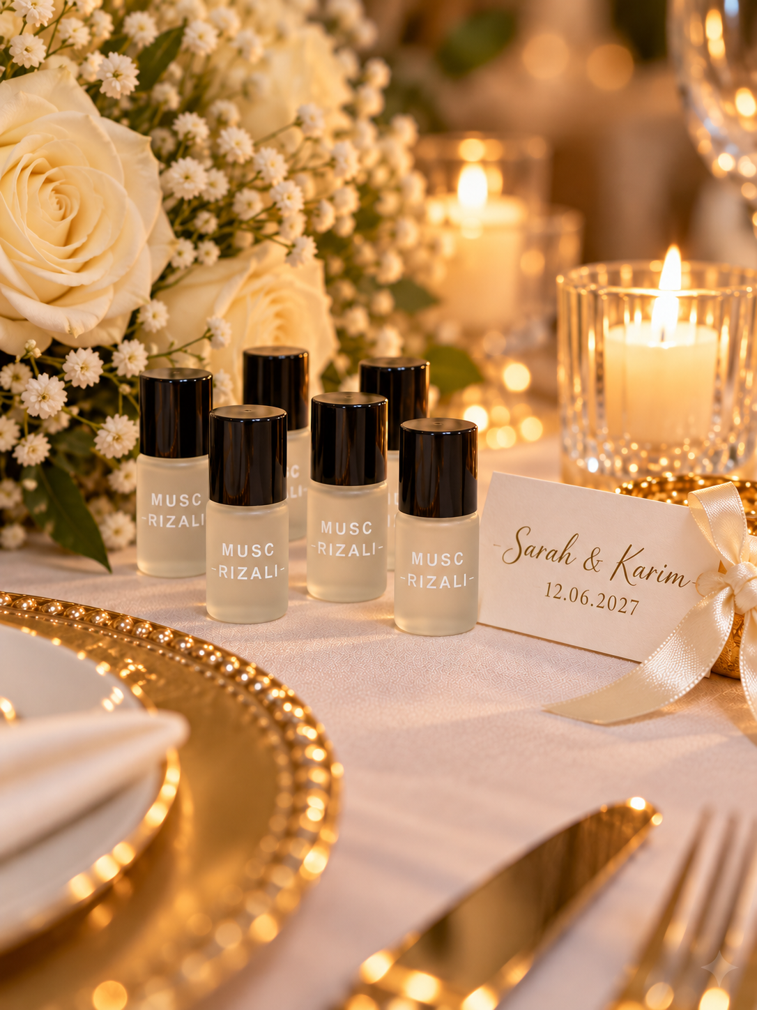 Décoration de table de mariage avec cadeau invité parfumé Crepure Oud