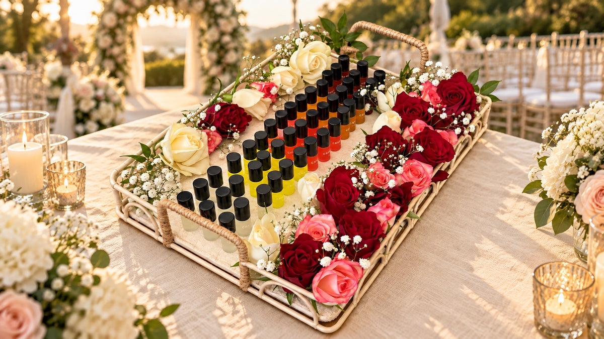 Plateau de mini parfums Crepure Oud entourés de roses sur une table de mariage, cadeaux invités parfumés