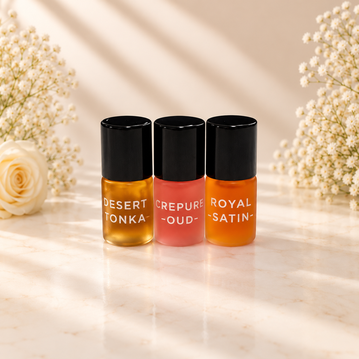 Trio Découverte 3 mini parfums 2 ml – Désert Tonka, Crepure Oud, Royal Satin